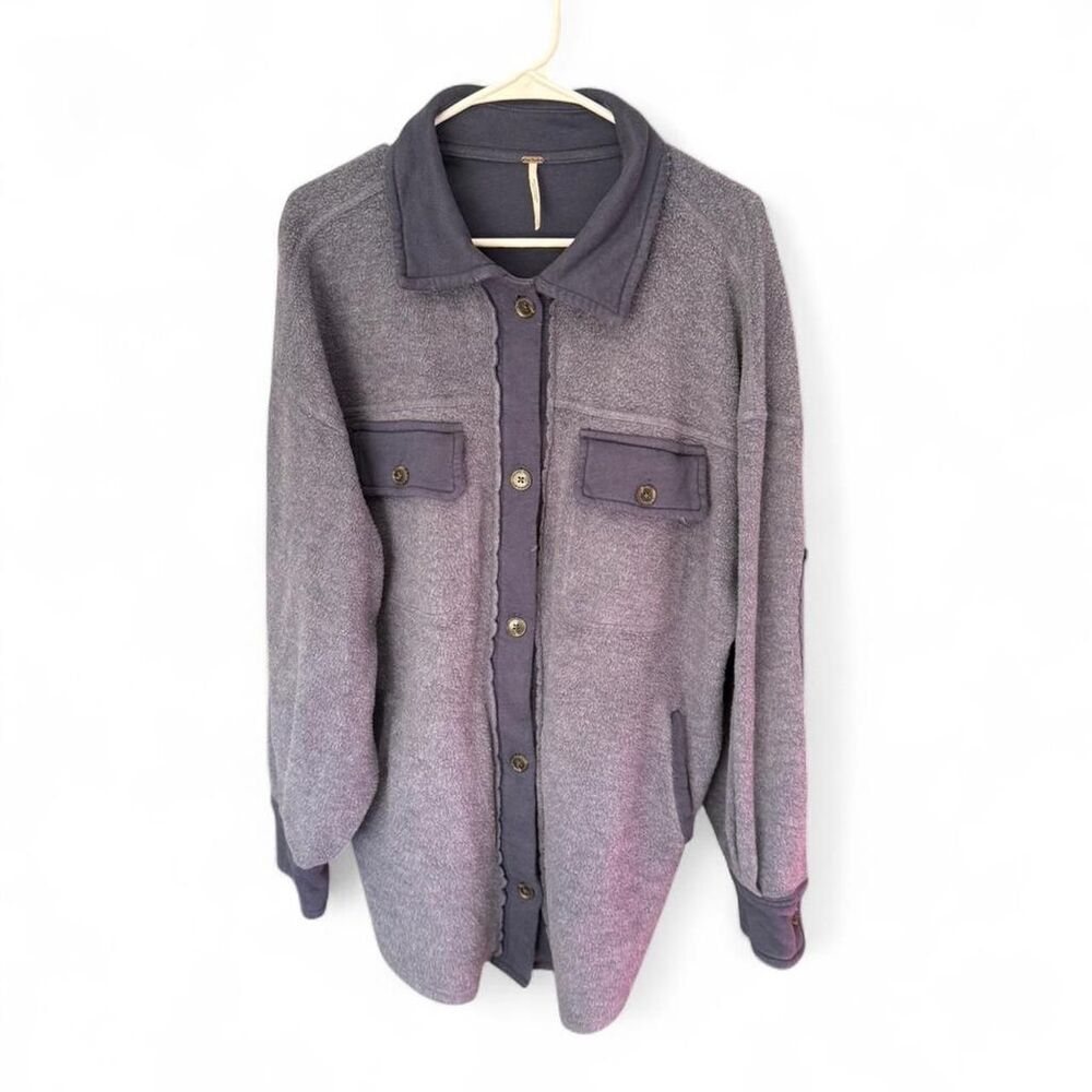 Free People Ruby Jacket Fleece Shacket Oversized Blue/Gray Button Front Small